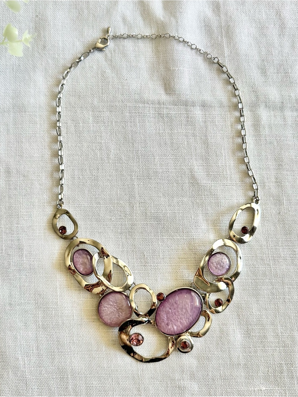 Silver-toned purple cabochons abstract bib statement necklace